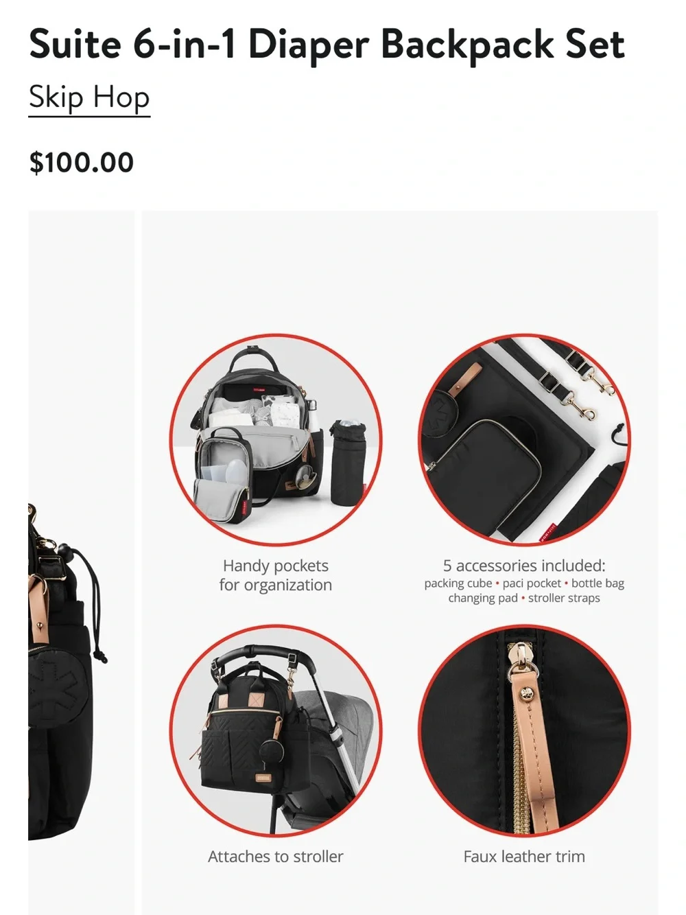 Skip Hop 6 in 1 Black Quilted Diaper Backpack with Tan Trim and Accessories